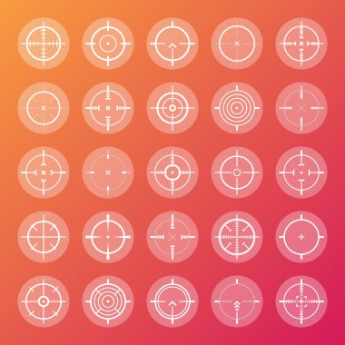 Renkli nişancı tüfeği görüşü, silah optik dürbün görüşü. Avcı silahı dürbünü. Atış işareti, nişan al. Askeri hedef işareti. Oyun arayüzü UI ögesi. Vektör illüstrasyonu.