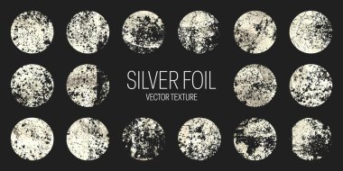 Grunge gümüş folyo, parlak el yapımı daireler. Altın parıltılı doku, desen. Şatafatlı, parlak arka plan çizimi. Düğün, tebrik kartı dekorasyonu. Modern sanat. Vektör illüstrasyonu.