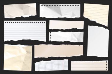 Yırtılmış kağıt şeritler. Yırtık kenarlı gerçekçi kağıt kırıntıları. Defter parçaları, kitap ya da eski gazete sayfaları. Son moda kolaj elementleri. Vektör illüstrasyonu.