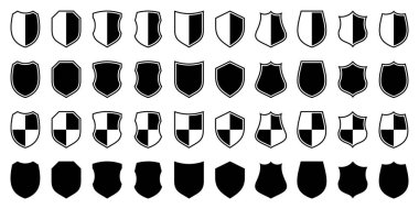 Çeşitli klasik kalkan simgeleri seti. Siyah hanedan kalkanları. Koruma ve güvenlik sembolü, etiket. Vektör illüstrasyonu