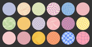 Dama desenli, yuvarlak renkli döşemeli. Klasik dalgalı eğimli arka plan, bozulma etkisi. Garip geometrik satranç tahtası dokusu, 90 'ların tarzında retro arka plan, y2k. Vektör illüstrasyonu.