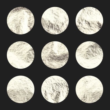 Gümüş folyo, parlak el yapımı daireler. Altın parıltılı doku, desen. Şatafatlı, parlak arka plan çizimi. Düğün, tebrik kartı dekorasyonu. Modern minimalist sanat. Vektör illüstrasyonu.