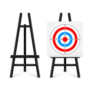 Ahşap sehpada atış poligonu. Kağıt hedef, bölümler, işaretler ve numaralar. Okçuluk, silah atışı ve eğitim, spor müsabakası, avcılık. Tam isabet ve nişan al. Vektör illüstrasyonu.