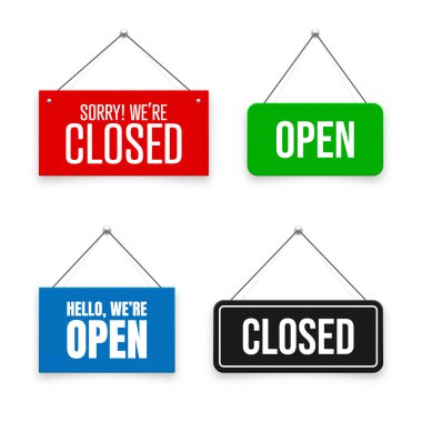 Gerçekçi açık ya da kapalı tabelalar. Kafe, restoran, bar ya da perakende mağazası için klasik kapı tabelası. Duyuru pankartı, iş ya da hizmet için bilgi tabelası. Vektör illüstrasyonu.