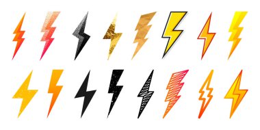 Şimşek simgeleri koleksiyonu. Altın, grunge, benekli, el çizimi flaş sembolü, şimşek. Nokta çizimi. Basit yıldırım çarpması işareti. Vektör illüstrasyonu.