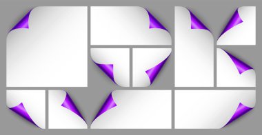 Menekşe kağıt bukleleri. Gölgeli kıvrımlı sayfa köşesi. Boş bir kağıt parçası. Renkli parlak folyo. Reklam ve tanıtım için tasarım elemanı. Vektör illüstrasyonu