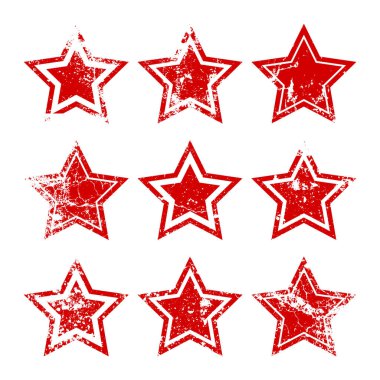 Kırık ve lekeli kırmızı klasik yıldızlar. Eski el yazısıyla çizilmiş, siyah basit bir şekil. Retro tasarım elementi sıkıntılı efekt, grunge doku. Vektör illüstrasyonu.