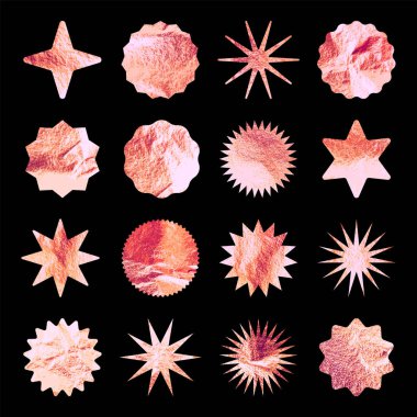 Gül sarısı yıldızlar, güneş patlaması sembolleri. Parlak altın folyo. Eski günışığı sembolleri. Alışveriş etiketleri, satış etiketleri, kalite notları. Modern sanat. Düğün, tebrik kartı dekorasyonu. Vektör illüstrasyonu.