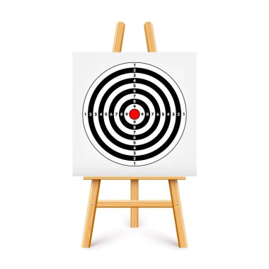 Ahşap sehpada atış poligonu. Kağıt hedef, bölümler, işaretler ve numaralar. Okçuluk, silah atışı ve eğitim, spor müsabakası, avcılık. Tam isabet ve nişan al. Vektör illüstrasyonu.
