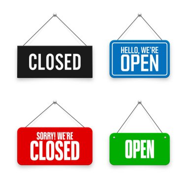 Gerçekçi açık ya da kapalı tabelalar. Kafe, restoran, bar ya da perakende mağazası için klasik kapı tabelası. Duyuru pankartı, iş ya da hizmet için bilgi tabelası. Vektör illüstrasyonu.