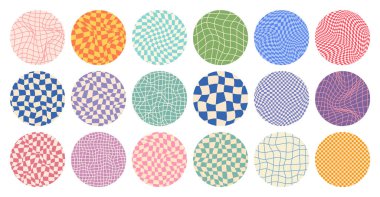 Dama desenli, yuvarlak renkli döşemeli. Klasik dalgalı eğimli arka plan, bozulma etkisi. Garip geometrik satranç tahtası dokusu, 90 'ların tarzında retro arka plan, y2k. Vektör illüstrasyonu.