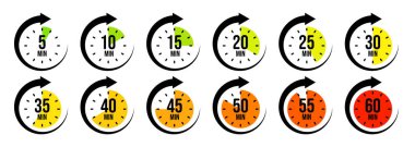 İşaret oklu kronometre simgeleri. Renkli kronometre, çevirmeli zaman sayacı. Geri sayım zamanı, saatler ve dakikalar. Son teslim tarihi, spor ölçümü. Yemek pişirme zamanı etiketi, çıkartma. Vektör illüstrasyonu.