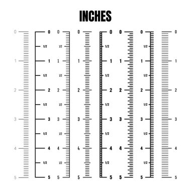 Boyunu ve boyunu ölçmek için dikey inç ölçeği. Bölünmüş farklı ölçeklerde. Cetvel, mezura işaretleri, boyut göstergeleri. Vektör illüstrasyonu.