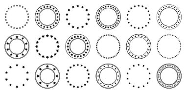 Çemberde çeşitli boyutlarda yıldızlar var. Yuvarlak çerçeve, sınır. Siyah yıldız şekli, basit bir sembol. Antika logo, logoti tasarım unsuru, süs. Vektör illüstrasyonu.