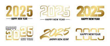 2025 Mutlu Yıllar metin tasarımları seti. Noel afişi, poster, kutlama kartı veya mevsimlik tanıtım şablonu. Selamlarla 2025 numaranın koleksiyonu. Vektör illüstrasyonu.