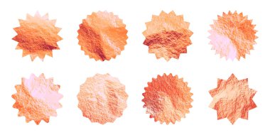 Gül sarısı yıldızlar, güneş patlaması sembolleri. Parlak altın folyo. Eski günışığı sembolleri. Alışveriş etiketleri, satış etiketleri, kalite notları. Modern sanat. Düğün, tebrik kartı dekorasyonu. Vektör illüstrasyonu.