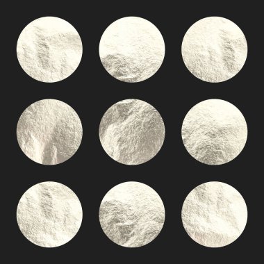 Gümüş folyo, parlak el yapımı daireler. Altın parıltılı doku, desen. Şatafatlı, parlak arka plan çizimi. Düğün, tebrik kartı dekorasyonu. Modern minimalist sanat. Vektör illüstrasyonu.