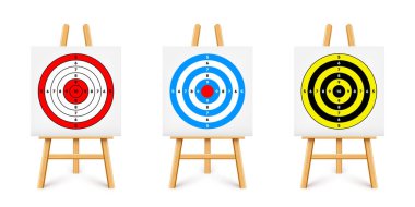 Ahşap sehpada atış poligonu. Kağıt hedef, bölümler, işaretler ve numaralar. Okçuluk, silah atışı ve eğitim, spor müsabakası, avcılık. Tam isabet ve nişan al. Vektör illüstrasyonu.