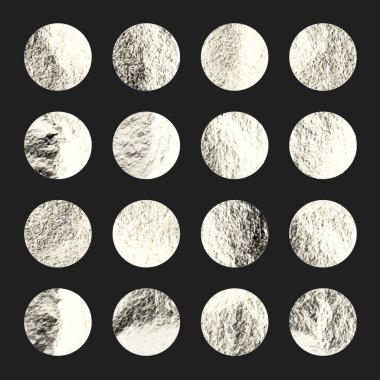 Gümüş folyo, parlak el yapımı daireler. Altın parıltılı doku, desen. Şatafatlı, parlak arka plan çizimi. Düğün, tebrik kartı dekorasyonu. Modern minimalist sanat. Vektör illüstrasyonu.