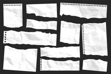 Yırtılmış kağıt şeritler. Yırtık kenarlı gerçekçi kağıt kırıntıları. Defter parçaları, kitap ya da eski gazete sayfaları. Son moda kolaj elementleri. Vektör illüstrasyonu.