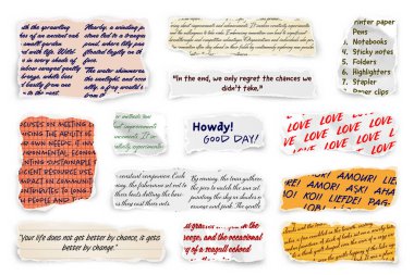 El yazısıyla yırtılmış kağıt şeritler. Yırtık kenarlı gerçekçi kağıt kırıntıları. Defter parçaları, kitap ya da eski gazete sayfaları. Son moda kolaj elementleri. Vektör illüstrasyonu.