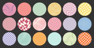 Dama desenli, yuvarlak renkli döşemeli. Klasik dalgalı eğimli arka plan, bozulma etkisi. Garip geometrik satranç tahtası dokusu, 90 'ların tarzında retro arka plan, y2k. Vektör illüstrasyonu.