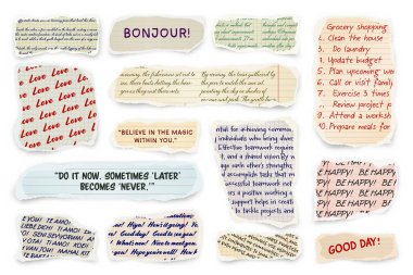 El yazısıyla yırtılmış kağıt şeritler. Yırtık kenarlı gerçekçi kağıt kırıntıları. Defter parçaları, kitap ya da eski gazete sayfaları. Son moda kolaj elementleri. Vektör illüstrasyonu.