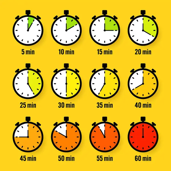 Kronometre simgeleri. Renkli basit kronometre, çevirmeli zaman sayacı. Geri sayım saatleri ve dakikaları gösteriyor. Son teslim tarihi, spor için ölçü. Yemek pişirme zamanı etiketi, çıkartma. Vektör illüstrasyonu.
