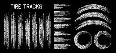 Grunge lastik izleri, tekerlek fren izleri. Kamyon, araba ya da motosiklet lastiği siluetleri. Araba yarışı, motor sporu, hız yarışı tasarım unsuru. Vektör illüstrasyonu.