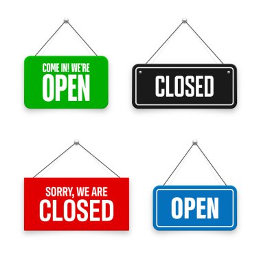 Gerçekçi açık ya da kapalı tabelalar. Kafe, restoran, bar ya da perakende mağazası için klasik kapı tabelası. Duyuru pankartı, iş ya da hizmet için bilgi tabelası. Vektör illüstrasyonu.