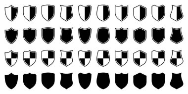 Çeşitli klasik kalkan simgeleri seti. Siyah hanedan kalkanları. Koruma ve güvenlik sembolü, etiket. Vektör illüstrasyonu
