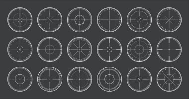 Derece ölçekli, optik dürbünlü çeşitli keskin nişancı tüfekleri. Avcı silahı dürbünü. Atış işareti, nişan al. Askeri hedef işareti. Oyun arayüzü UI ögesi. Vektör illüstrasyonu.