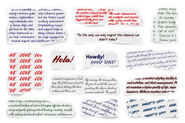 El yazısıyla yırtılmış kağıt şeritler. Yırtık kenarlı gerçekçi kağıt kırıntıları. Defter parçaları, kitap ya da eski gazete sayfaları. Son moda kolaj elementleri. Vektör illüstrasyonu.