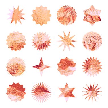 Gül sarısı yıldızlar, güneş patlaması sembolleri. Parlak altın folyo. Eski günışığı sembolleri. Alışveriş etiketleri, satış etiketleri, kalite notları. Modern sanat. Düğün, tebrik kartı dekorasyonu. Vektör illüstrasyonu.