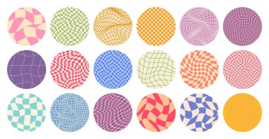 Dama desenli, yuvarlak renkli döşemeli. Klasik dalgalı eğimli arka plan, bozulma etkisi. Garip geometrik satranç tahtası dokusu, 90 'ların tarzında retro arka plan, y2k. Vektör illüstrasyonu.