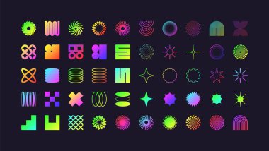 Acımasız geometrik şekiller, modern semboller. Renkli neon basit ilkel elementler ve formlar. Retro tasarım, modern minimalist tarz, y2k. Vektör illüstrasyonu.