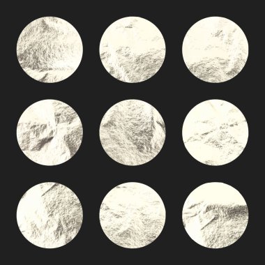 Gümüş folyo, parlak el yapımı daireler. Altın parıltılı doku, desen. Şatafatlı, parlak arka plan çizimi. Düğün, tebrik kartı dekorasyonu. Modern minimalist sanat. Vektör illüstrasyonu.