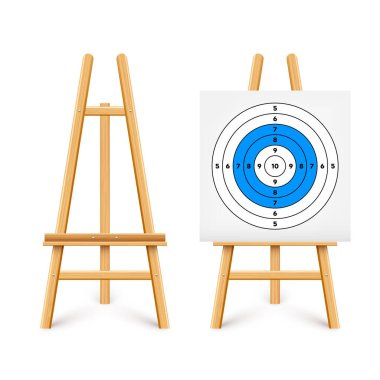 Ahşap sehpada atış poligonu. Kağıt hedef, bölümler, işaretler ve numaralar. Okçuluk, silah atışı ve eğitim, spor müsabakası, avcılık. Tam isabet ve nişan al. Vektör illüstrasyonu.