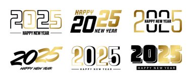 2025 Mutlu Yıllar metin tasarımları seti. Noel afişi, poster, kutlama kartı veya mevsimlik tanıtım şablonu. Selamlarla 2025 numaranın koleksiyonu. Vektör illüstrasyonu.