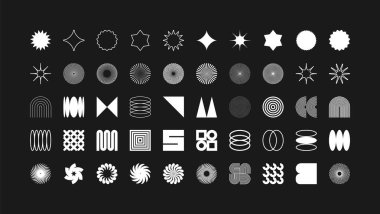 Acımasız geometrik şekiller, modern semboller. Basit ilkel elementler ve formlar. Retro tasarım, modern minimalist tarz, y2k. Vektör illüstrasyonu.