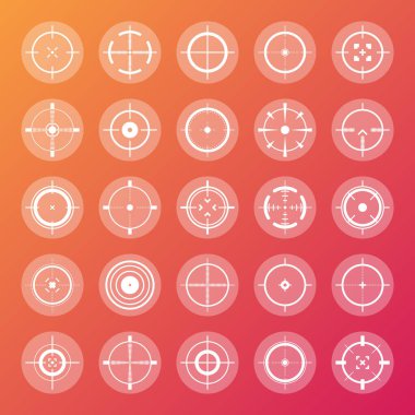 Renkli nişancı tüfeği görüşü, silah optik dürbün görüşü. Avcı silahı dürbünü. Atış işareti, nişan al. Askeri hedef işareti. Oyun arayüzü UI ögesi. Vektör illüstrasyonu.