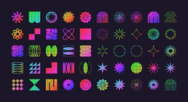 Acımasız geometrik şekiller, yarım tonlu modern semboller. Renkli neon basit ilkel elementler ve formlar. Retro tasarım, modern minimalist tarz, y2k. Vektör illüstrasyonu.