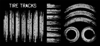Grunge lastik izleri, tekerlek fren izleri. Kamyon, araba ya da motosiklet lastiği siluetleri. Araba yarışı, motor sporu, hız yarışı tasarım unsuru. Vektör illüstrasyonu.