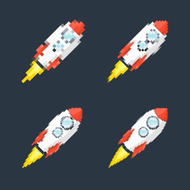 Piksel sanat roketi, ateşli patikaları, retro oyunları, uzay temalı tasarımları, uygulamaları veya animasyonları. Teknoloji, bilim kurgu ve fütüristik yaratıcı projeler için 8-bit stili. Vektör illüstrasyonu.