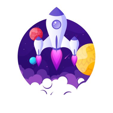 Roket fırlatma, gezegenler ve yıldızlarla dolu fütüristik uzay arkaplanı. Çizgi film yıldızgemisi, gece gökyüzünde uzay gemisi. Güneş sistemi, galaksi ve evren keşfi. Vektör illüstrasyonu.