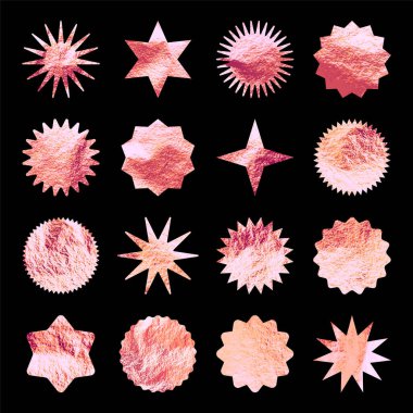 Gül sarısı yıldızlar, güneş patlaması sembolleri. Parlak altın folyo. Eski günışığı sembolleri. Alışveriş etiketleri, satış etiketleri, kalite notları. Modern sanat. Düğün, tebrik kartı dekorasyonu. Vektör illüstrasyonu.