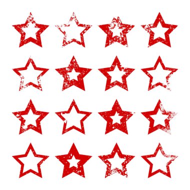 Kırık ve lekeli kırmızı klasik yıldızlar. Eski el yazısıyla çizilmiş, siyah basit bir şekil. Retro tasarım elementi sıkıntılı efekt, grunge doku. Vektör illüstrasyonu.