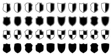 Çeşitli klasik kalkan simgeleri seti. Siyah hanedan kalkanları. Koruma ve güvenlik sembolü, etiket. Vektör illüstrasyonu