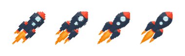 Piksel sanat roketi, ateşli patikaları, retro oyunları, uzay temalı tasarımları, uygulamaları veya animasyonları. Teknoloji, bilim kurgu ve fütüristik yaratıcı projeler için 8-bit stili. Vektör illüstrasyonu.