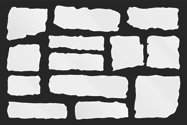 Ripped paper strips. Realistic crumpled paper scraps with torn edges. Shreds of notebook, book or old newspaper pages. Trendy collage elements. Vector illustration.